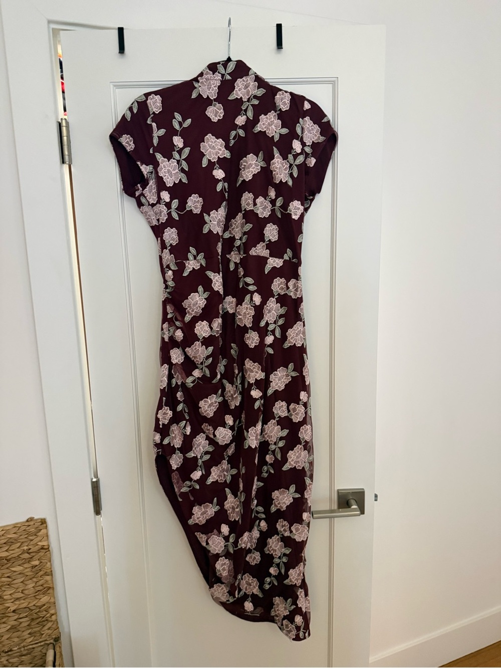 ROTATE Floral Burgundy Maxi Dress with Short Sleeves
